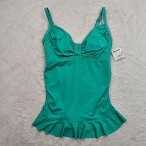 Lands' End Green Sweetheart Tankini Top Ruched Sides Ruffle Hem Size 6